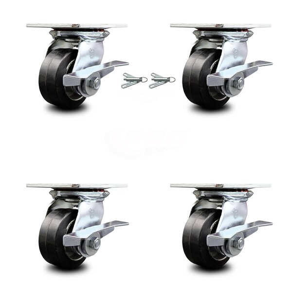 Service Caster 4 Inch Rubber on Aluminum Caster Set with Roller Bearing 4 Brake 2 Swivel Lock SCC-35S420-RAR-SLB-BSL-2-SLB-2 - main